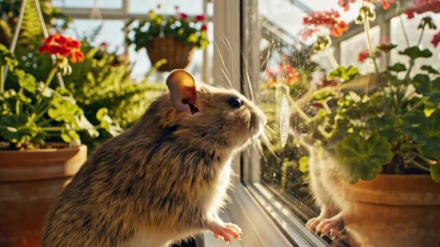 A curious small dormouse presses its snout against a clean greenhouse window looking at the interior plants bathed in morning sunlight forest, wild, curiosity