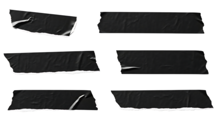 Collection of black tape pieces isolated on transparent background