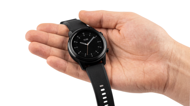 Male hand holding black round smartwatch with rubber strap isolated on transparent background - Powered by Adobe