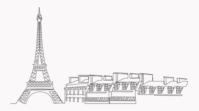 Eiffel Tower and Paris Buildings Line Art Animation