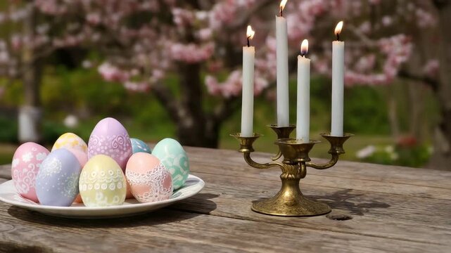 Decorated pastel Easter eggs and lit candles on an outdoor table. Festive spring holiday celebration in a blooming garden. Traditional Easter still life concept