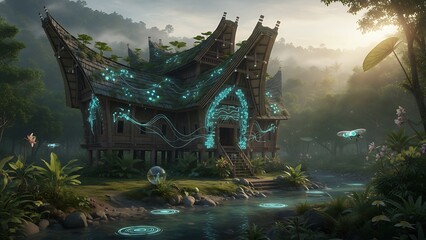 Ancient Japanese castle architecture with a traditional samurai tower stands as a historic landmark under the night sky in a dark forest