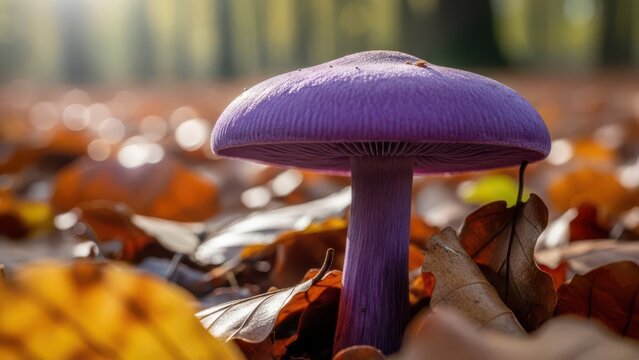 Vibrant purple amethyst deceiver mushroom glowing in warm golden sunlight on a detailed forest floor covered with colorful autumn leaves, macro.