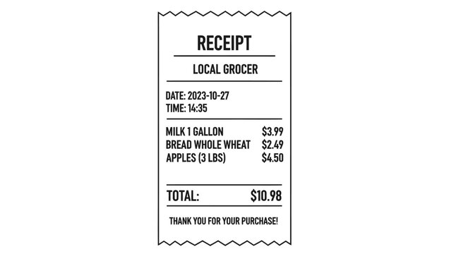 Grocery Shopping Receipt Icon. Financial Transaction and Retail Concept.