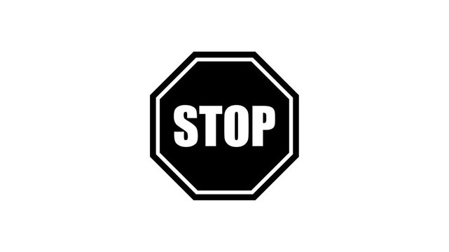 Minimalist black stop sign animation featuring an octagonal warning symbol with white text on a clean background for safety alerts and cinematic transitions.
