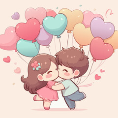 Cute cartoon couple kissing under heart balloons