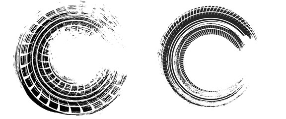 Black tire marks on road, Black rubber tire marks and tread marks, Tire trace track wheels texture and background, Auto tire tread grunge. vector © Nur