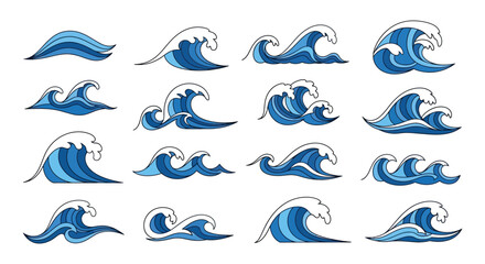 Obraz premium Stylized ocean waves with boats and seagulls in a repeating pattern
