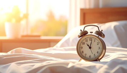 Vintage Alarm Clock on Bed in Morning Sunlight.