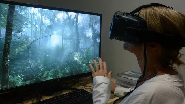 Patient immersed in a virtual nature scene using VR therapy to overcome phobia fears with focused mental health support