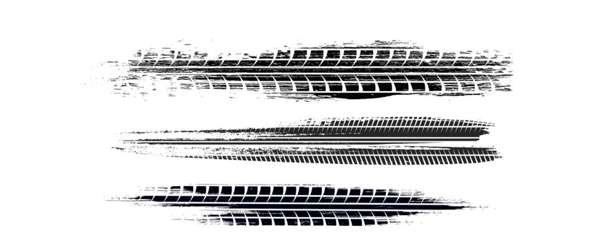 Black tire marks on road, Black rubber tire marks and tread marks, Tire trace track wheels texture and background, Auto tire tread grunge. vector