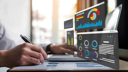 Professional analyzing business data on virtual dashboard and financial reports for corporate...