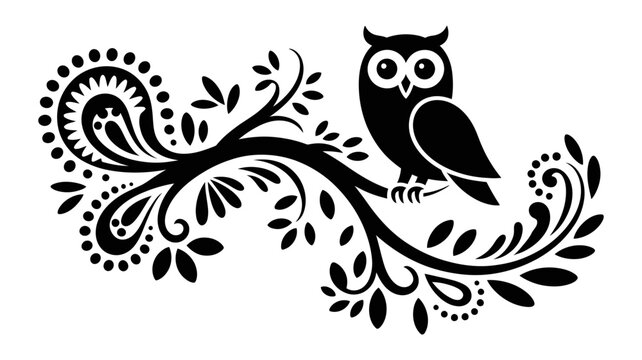 Ornate branch with a wise owl silhouette: a decorative black and white design element