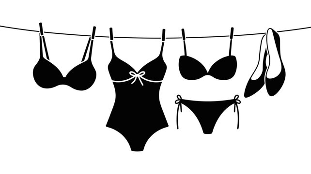 Silhouettes of women's intimate wear, swimwear, and high heels drying on a line