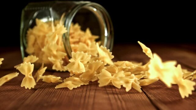 Super slow motion dry farfalle pasta . Filmed on a high-speed camera at 1000 fps. High quality FullHD footage