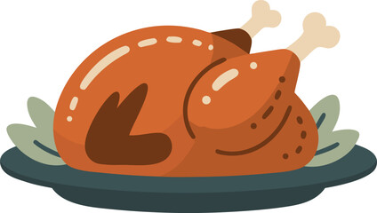 Whole golden roasted turkey with crispy skin and herb sprigs on dark serving plate, glistening juices and fresh green leaves garnish, ideal for holiday feasts, and Thanksgiving meals