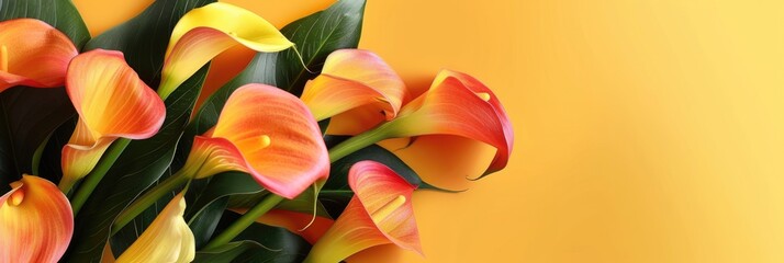 Red calla lilies and yellow spring background. A simple, bold floral contrast perfect for backgrounds, wallpapers, or graphic design elements. copy space, free space for text
