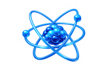Blue atom model with orbiting electrons representing science, physics, chemistry, and technology concepts