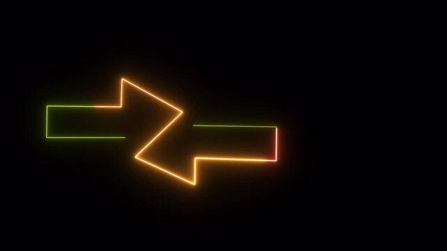 Neon yellow and orange arrows. Glowing left and right pointer signs on black background. Direction arrow symbol for black screen background. Neon illustration arrow icon.