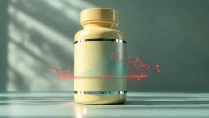 Yellow Medicine Bottle with Red Glitch Effect on White Surface.