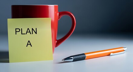 Close up view of a yellow sticky note displaying plan a concept next to a red coffee mug and an orange pen ready for execution
