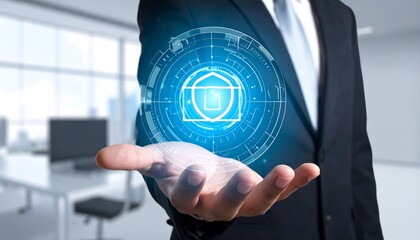 Digital Security Shield Hologram Projected by Businessmans Hand.