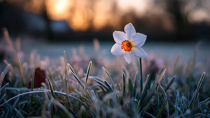 Single daffodil blooming in frozen field © arif