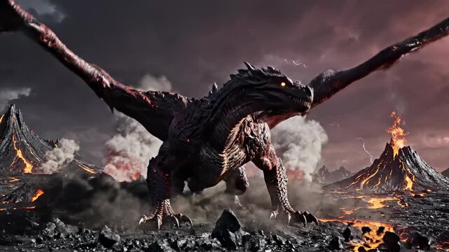 A mighty ancient wyvern-style dragon lands dramatically on a craggy volcanic plateau surrounded by steaming vents under a stormy, powerful sky powerful, rock, ancient