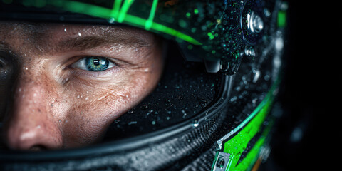 Athlete in green helmet with intense focus