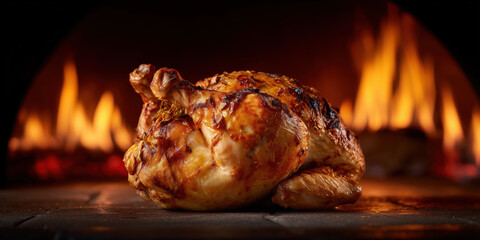 Roasted chicken baking in traditional wood fired oven