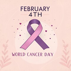 February 4 World Cancer Day Greeting Card with Purple Ribbon Illustration.
