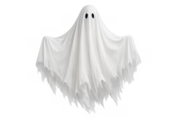 White sheet ghost floating with outstretched arms for halloween, scary spirit, spooky holiday concept, transparent background
