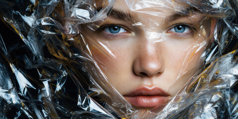 Woman's face trapped in plastic environmental concept