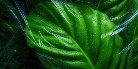 Green leaf wrapped in plastic showing environmental pollution concept