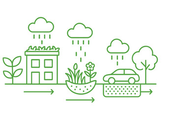 Rainwater management system in a city landscape with buildings, gardens, and a car © Andrei