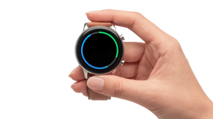 Hand holding silver smartwatch with leather strap showing fitness activity rings on screen isolated on transparent background