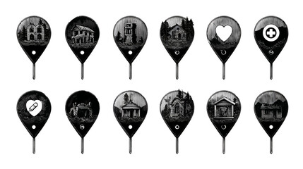 Black and white vintage engraved map pin icons set. Location markers with various buildings and health symbols.