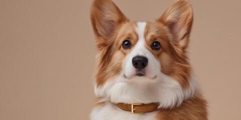 Corgi dog wearing collar looking at camera