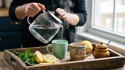 Hands pouring tea into two ceramic cups with lemon and mint, shared hospitality