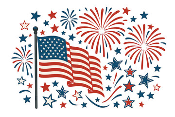 Fireworks display with American flag and stars during celebration event at night