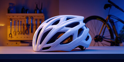 White bicycle helmet protecting cyclists in workshop