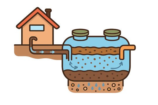 Diagram explains how a septic system works to manage waste from a house and treat water underground
