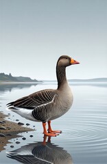 Goose standing on shore of calm lake, reflection shimmering on water. Concept of tranquility in nature, featuring shallow-water and serene atmosphere against blue sky.