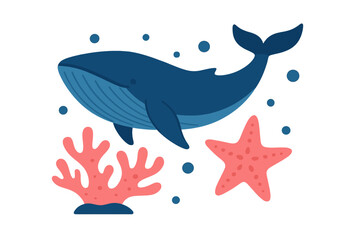 Whale swimming among coral reef and starfish in ocean scene with bubbles