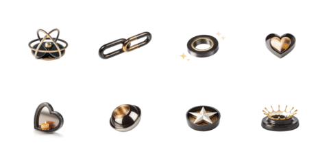 A collection of sophisticated dark and gold metallic 3d icons representing connection luxury and achievement on transparent background