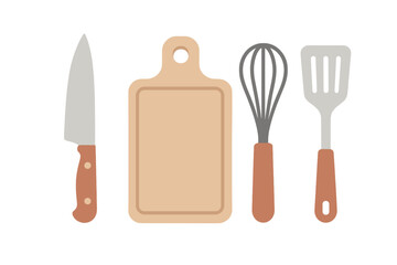 Kitchen tools include a knife, cutting board, whisk, and spatula arranged on a white background for cooking preparation