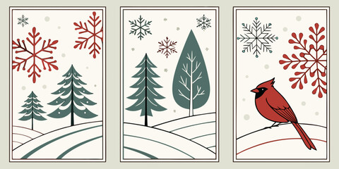 Winter landscape triptych cards with forest of pines falling snowflakes a red cardinal bird perched on a snowy hill landscape christmas cardinal snowflakes greeting seasonal © Designer Pac 2