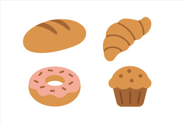 Different types of baked goods including bread, croissant, donut, and muffin on a white background