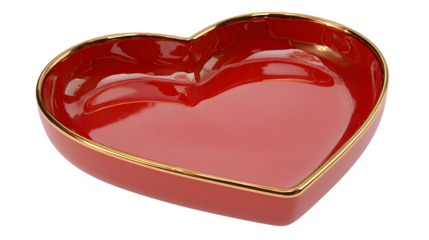 Red heart shaped dish with gold trim isolated on transparent background