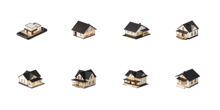 Collection of miniature residential house models and a modern architectural structure displayed on a smartphone screen on transparent background - Powered by Adobe